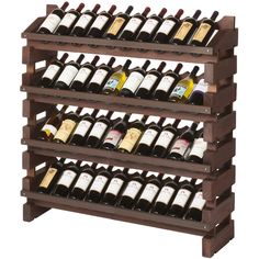 a wooden wine rack filled with lots of bottles