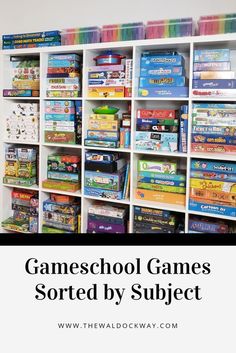 a white bookcase filled with lots of books next to the words gameschool games sorted by subject