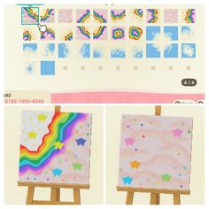 an easel with some pictures on it next to a rainbow wallpaper and a painting