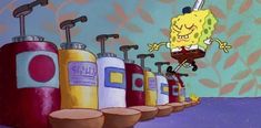 spongebob and his friends are lined up in front of gas cans