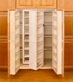 an open cabinet with shelves and doors on the inside, in front of a wood paneled wall