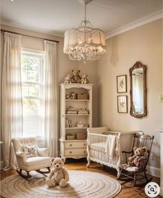 a baby's room with a crib, rocking chair and teddy bear