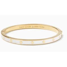 Kate Spade- Gold/White Bracelet Nwt ***Brand New*** Plated Metal Gold Polished Finish Enamel Weight: 23.7 G Hinge Closure Length: 2.25" Width: 2.13" Dust Bag Included B34 Sku: 1072 Kate Spade Bow Bracelet, Gold Knot Bracelet, Rose Gold Bangle Bracelet, Kate Spade Heart, Kate Spade Studs, Kate Spade Bracelet, Kate Spade Bangle, Lucite Bracelets, Kate Spade Watch