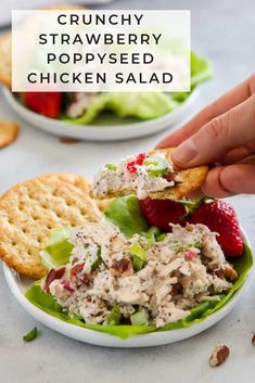 a person dipping some crackers into a bowl of chicken salad with strawberries on the side