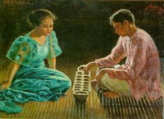 a painting of two people sitting on a bamboo floor, one holding an object in her hand