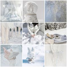 a collage of white images with snow and trees in the background as well as an angel statue