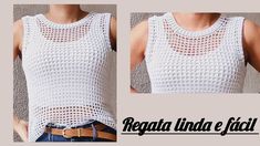 a woman wearing a white tank top with holes on it's chest and the words regata linda e faci written below