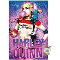 the poster for harley's queen is shown in pink and blue colors, with an image of harley on it