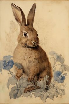 a painting of a rabbit sitting on top of flowers