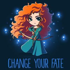 a girl with red hair holding a bow in her hand and the words change your fate