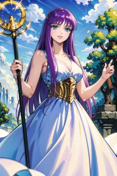 an anime character with purple hair holding a staff and wearing a blue dress in front of a cityscape