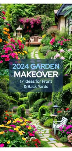 a garden with lots of flowers and plants around it, including the words makeover 7 ideas for from & back yards