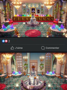 two screens showing the same room in an animated video game, one with a fountain