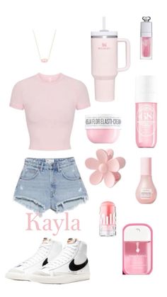 a pink shirt, jean shorts and white sneakers