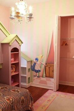 a child's bedroom decorated in pastel pink and green with a fairy tale mural on the wall