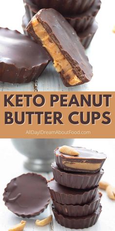 chocolate peanut butter cups stacked on top of each other with the words keto peanut butter cups