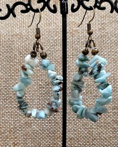 Beachy Larimar Chip Dangle Hoops. Perfect for Beach Wedding Party Blue Hoop Earrings With Natural Stones, Blue Natural Stone Dangle Hoop Earrings, Gemstone Chip Jewelry, Gemstone Chips Jewelry, Boho Bridesmaid Gift, Chip Bead Jewelry, Boho Bridesmaids, Chip Jewelry, Beach Wedding Party