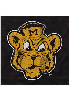 the university of michigan mascot on a black shirt with yellow and white letters that read m