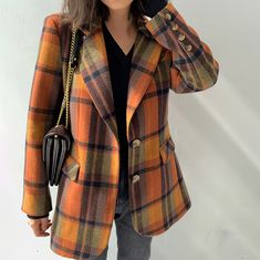 Women Woolen checkered blazer Oversize Plaid Blazer Vintage Brown Checked Suit Office Lady Tweed Blazer Jacket Female Wool Coat Autumn Coat #1086 on Storenvy Checkered Coat Outfit, Giacca In Tweed, Checkered Coat, Tweed Blazer Women, Checkered Blazer, Autumn Coat, Office Wear Women, Checked Suit, Winter Plaid