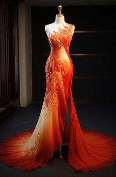 Phoenix Inspired Prom Dress, Phoenix Themed Outfit, Dress On Fire Aesthetic, Fire Dress Gowns Ball, Phoenix Inspired Gown, Fire Themed Wedding Dress, Fire And Ice Formal Dress, Fire Inspired Gown, Dress Inspired By Fire