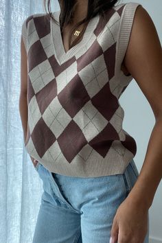 | V-Neck Argyle Knit Vest  | 50% Viscose, 30% Nylon, 20% Polyester   * MODEL IS 5'7″ AND IS WEARING A SMALL. Sweater Vest And Jeans, Girl Activities, V Neck Sweater Vest, Argyle Vest, Pinterest Christmas, Worn Jeans, Argyle Sweater Vest, Activities For Girls, Sweater Vests