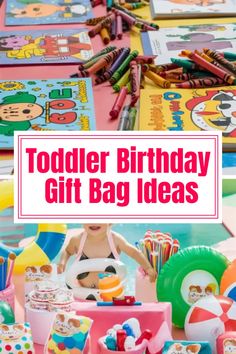 a child's birthday gift bag filled with crayons and other toys on the table