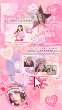 a pink background with hearts, stars and pictures