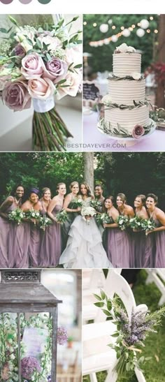 a collage of photos with flowers and greenery on them, including the bridesmaid's bouquets