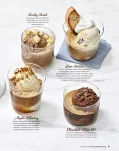 four different desserts in small glasses on a white counter top with text describing them