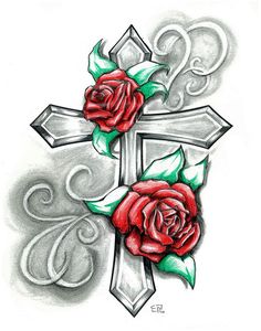 a cross with two roses on it and the words butterfly cross tattoo designs above it