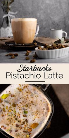 two pictures showing different types of food and drinks on the same plate, with text that reads starbucks's pistachio latte