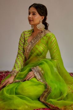 Green organza saree with heavy gota work and jhalar hand embroidered laces. Comes with gota stripe detailing blouse. - Aza Fashions Transitional Anarkali Saree With Sheer Dupatta, Anarkali Pre-draped Saree With Gota Work In Cotton Silk, Anarkali Style Pre-draped Saree With Cutdana For Designer Wear, Wedding Pre-draped Saree In Pista Green With Unstitched Blouse, Pista Green Saree For Wedding And Navratri, Green Blouse Piece For Wedding And Transitional Season, Pista Green Blouse Piece With Cutdana And Traditional Drape, Pista Green Traditional Saree With Unstitched Blouse, Pista Green Saree With Dupatta For Transitional Season