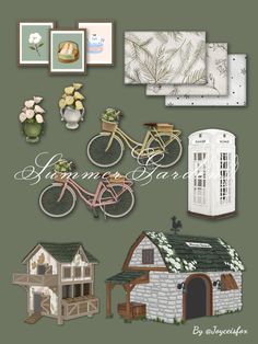 a collage of various items including a bicycle, house and flowers