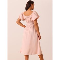 This dress will flatter any body shape, making it a timeless addition to any wardrobe. Easily pair it with your sandals, heels, and summer accessories. Sweet as well elegant. This casual flowy dress will be the ideal choice for all the seasons. Great for casual, work, beach, date, party, honeymoon, holiday, family gatherings and photoshoots, etc. This casual dress will flatter any body shape, making it a timeless addition to any wardrobe. Chic Knee-length Flowy Puff Sleeve Dress, Chic Solid Color Midi Beach Dress, Chic Solid Color Puff Sleeve Dress For Brunch, Solid Color Square Neck Midi Dress For Day Out, Midi Dress With Square Neck For Day Out, Chic Knee-length Puff Sleeve Dress For Day Out, Feminine Puff Sleeve Summer Dress With Gathered Neckline, Chic Flowy Puff Sleeve Dress With Square Neck, Solid Color Knee-length Puff Sleeve Dress For Day Out