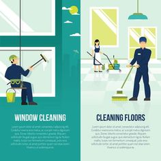 two banners showing cleaning and window cleaning with people in the background working on windowsills