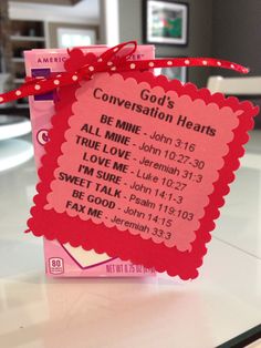 a pink card with red and white polka dots on it that says conversation hearts all mine john 3 19 i love me