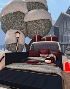 a bed room filled with lots of furniture and christmas decorations on top of snow covered ground