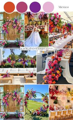 a collage of photos with different flowers and colors on them, including the bride's dress