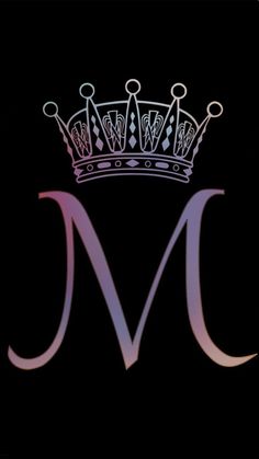 the letter m with a crown on it's head is shown in blue and black