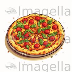 a pizza with tomatoes and basil leaves on it's crust, in front of an eye