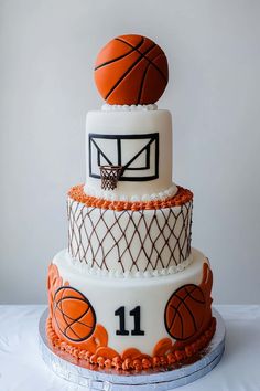 a three tiered cake with basketballs on top