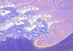 three unicorns riding on top of each other in the ocean with stars above them