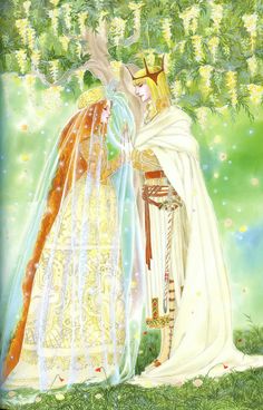 a painting of two women dressed in white and gold standing next to each other under a tree