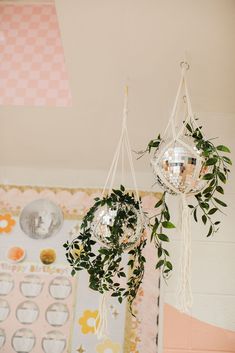 two mirrors hanging from the ceiling and some plants in front of them with leaves on them