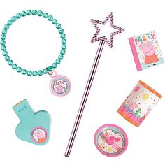 peppa pig party accessory set with beads, bracelets and star shaped pinwheel