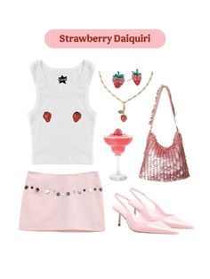 a woman's outfit with strawberries on the top, pink skirt and high heels