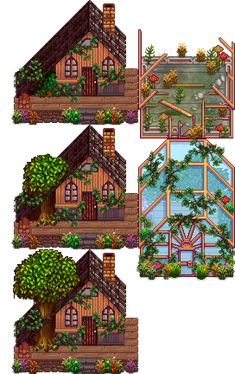 four different types of houses with trees and plants on the roof, along with an area for