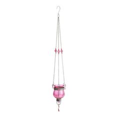 a pink glass hanging vase with chains