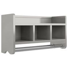 a white shelf with three compartments on the bottom and two metal bars at the bottom