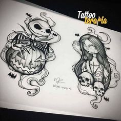 two halloween tattoos with skulls and skeletons on them